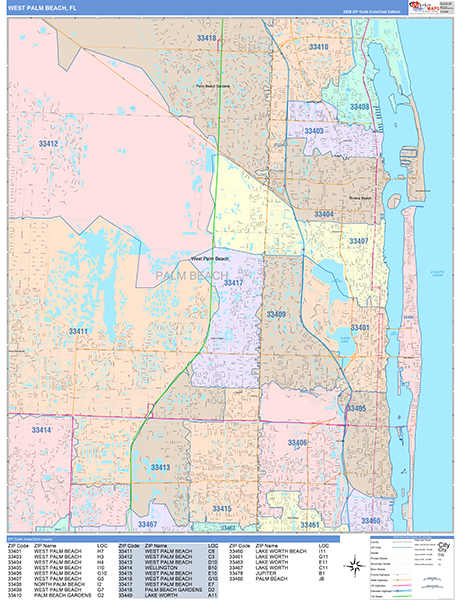 West Palm Beach City Wall Map Color Cast Style
